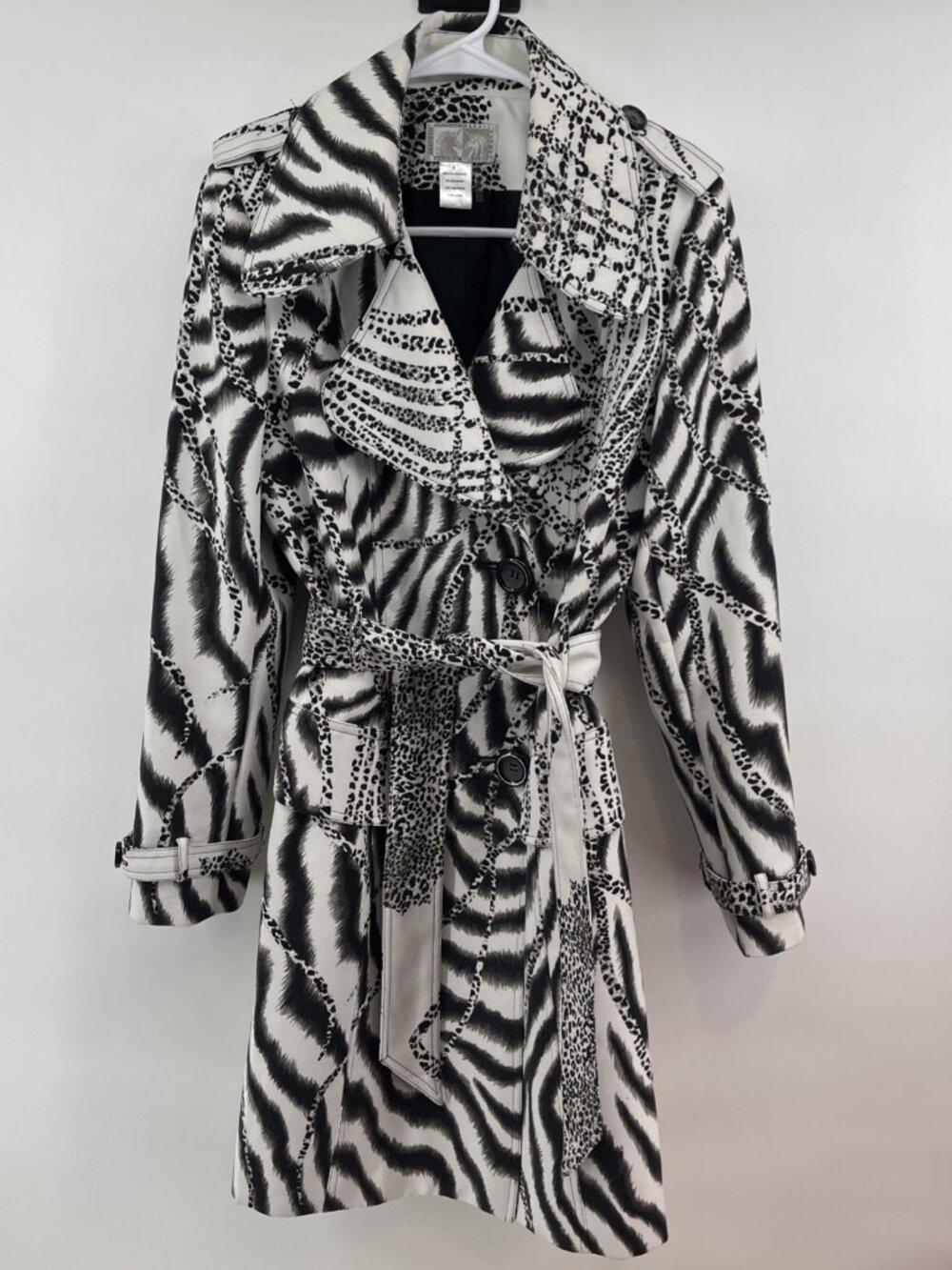 Alberto Makali Designer Trench Coat Womens 8 Black/ White 2Button Animal Lined